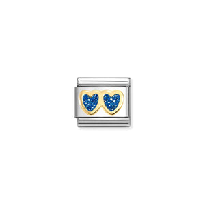 COMPOSABLE CLASSIC LINK 030220/11 DOUBLE HEART IN 18K GOLD & BLUE GLITTER ENAMEL