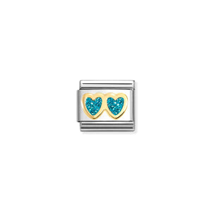 COMPOSABLE CLASSIC LINK 030220/12 DOUBLE HEART IN 18K GOLD & LIGHT BLUE GLITTER ENAMEL