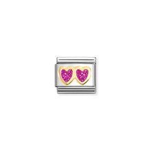 Load image into Gallery viewer, COMPOSABLE CLASSIC LINK 030220/13 DOUBLE HEART IN 18K GOLD &amp; FUCHSIA GLITTER ENAMEL

