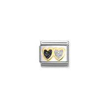 Load image into Gallery viewer, COMPOSABLE CLASSIC LINK 030220/15 DOUBLE HEART IN 18K GOLD,  BLACK &amp; SILVER GLITTER ENAMEL
