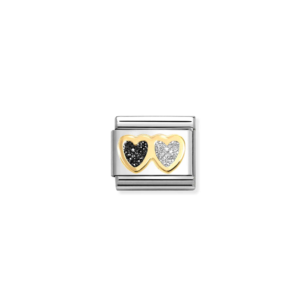 COMPOSABLE CLASSIC LINK 030220/15 DOUBLE HEART IN 18K GOLD,  BLACK & SILVER GLITTER ENAMEL