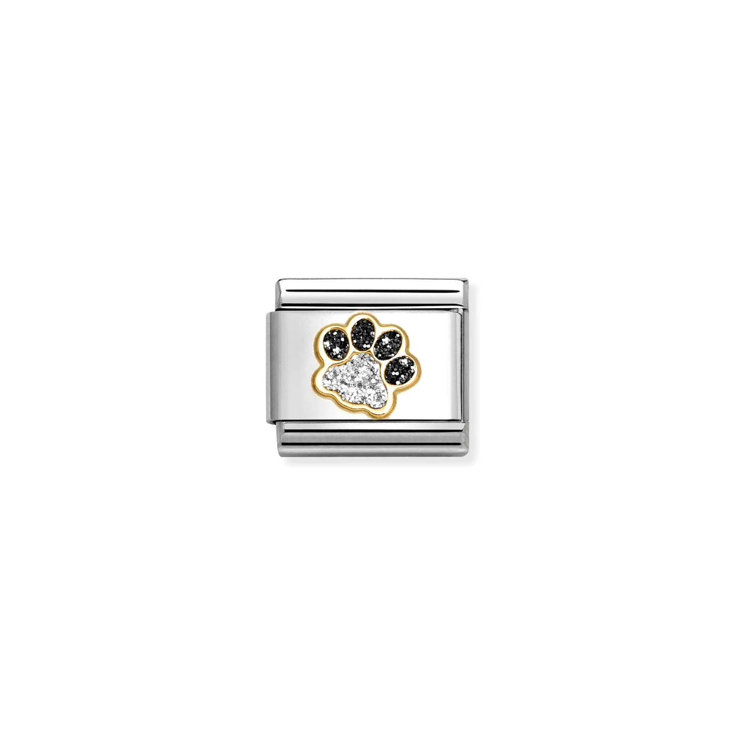 COMPOSABLE CLASSIC LINK 030220/22 PAW PRINT IN 18K GOLD, BLACK & SILVER GLITTER ENAMEL