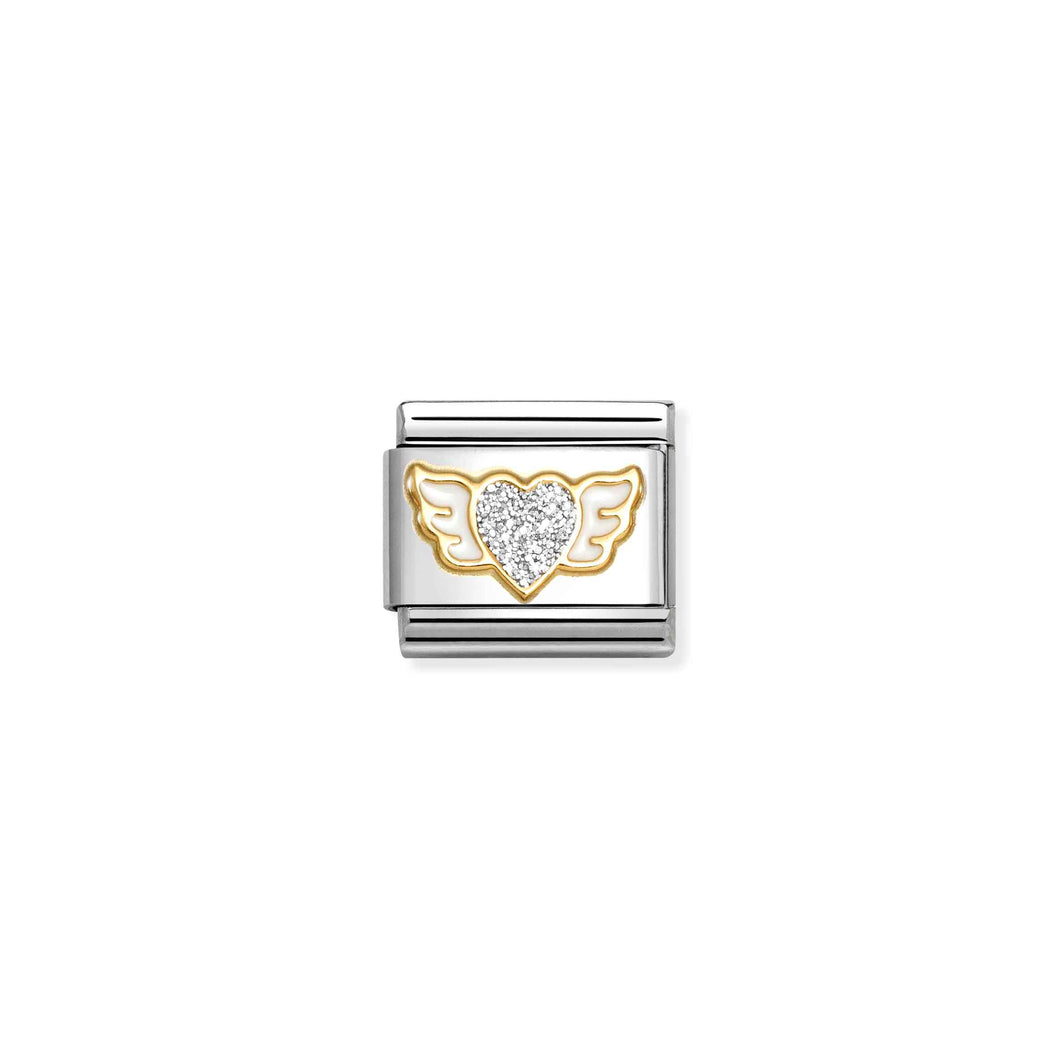 COMPOSABLE CLASSIC LINK 030220/23 HEART WITH WINGS IN 18K GOLD, WHITE & SILVER GLITTER ENAMEL