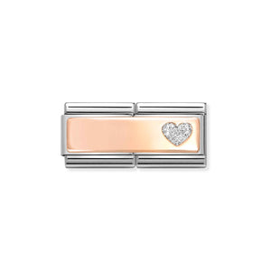 COMPOSABLE CLASSIC DOUBLE LINK 430721/02 ENGRAVING PLATE WITH GLITTER HEART IN 9K ROSE GOLD