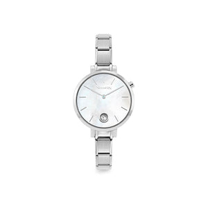 WATCH 076033/008 STAINLESS STEEL & ROUND WHITE MOTHER OF PEARL DIAL WITH CZ