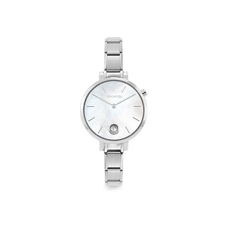WATCH 076033/008 STAINLESS STEEL & ROUND WHITE MOTHER OF PEARL DIAL WITH CZ