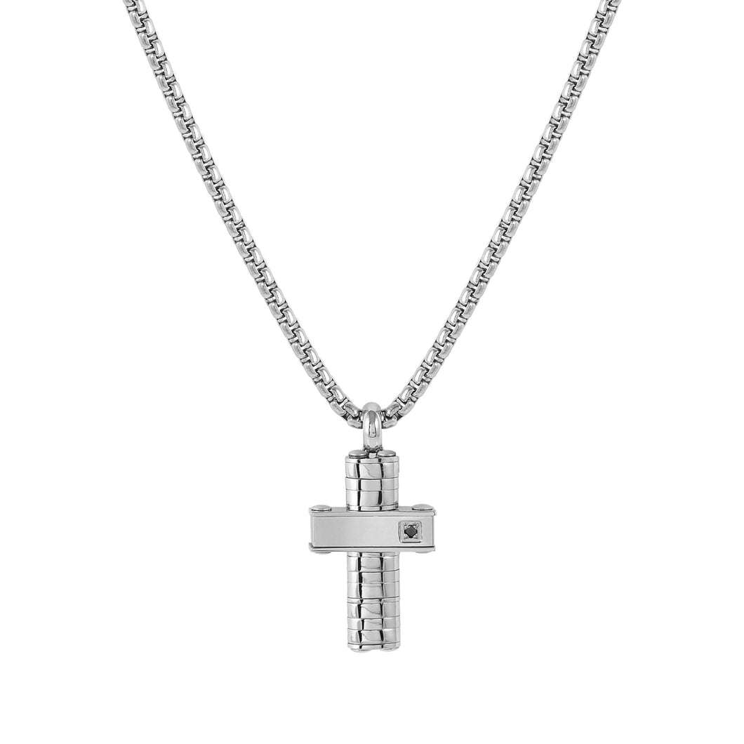 STRONG DIAMOND NECKLACE 028328/036 STAINLESS STEEL CROSS & BLACK DIAMOND