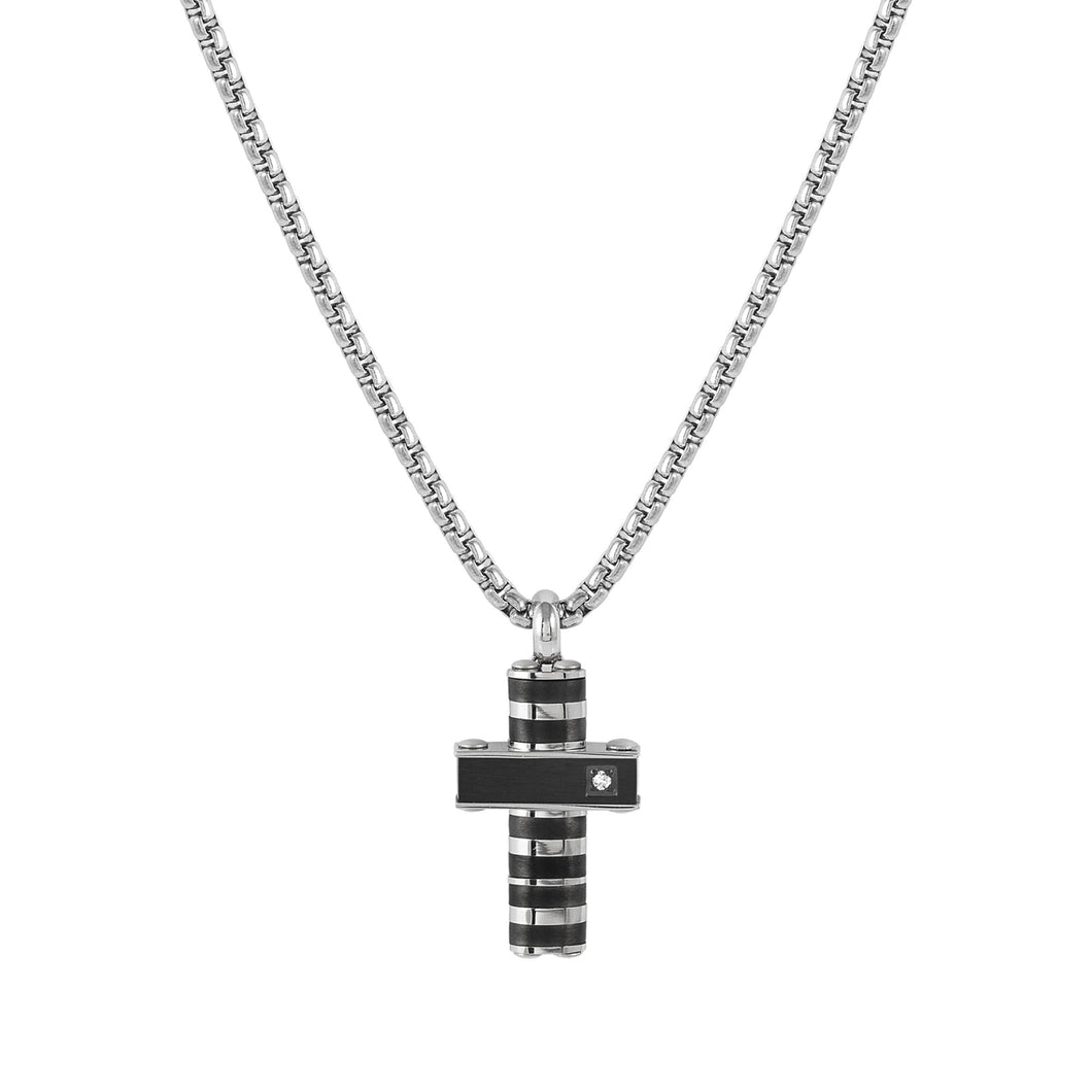 STRONG DIAMOND NECKLACE 028328/037 BLACK PVD CROSS & WHITE DIAMOND