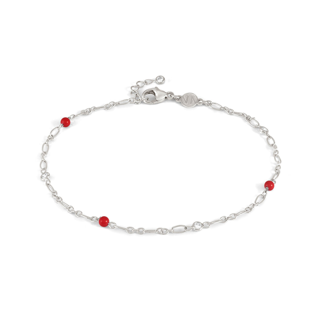 ANKLET 241000/005 SILVER CHAIN WITH RED CORAL STONES & CZ