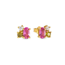 Load image into Gallery viewer, MOSAICA EARRINGS 241606/012 GOLD WITH PINK &amp; GREEN CZ STUDS
