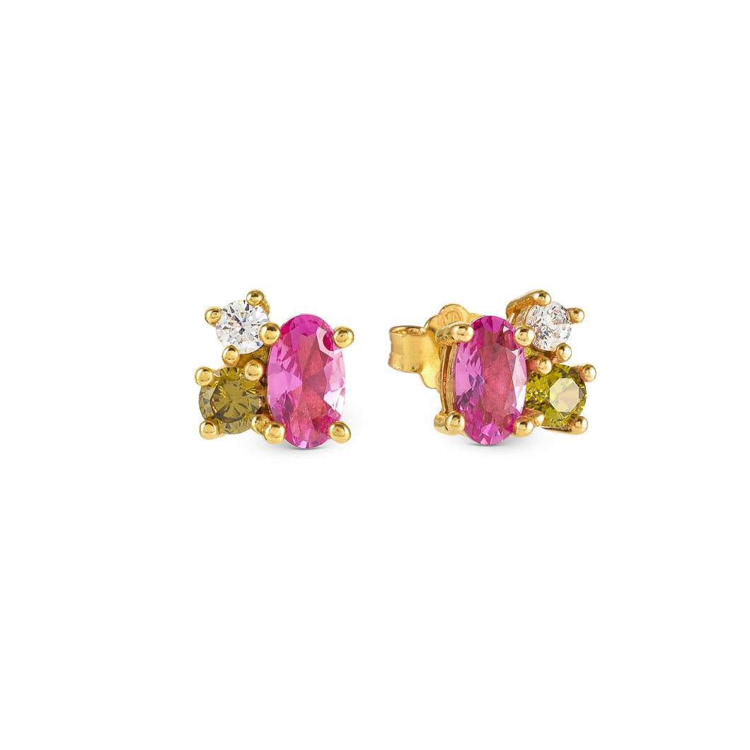 MOSAICA EARRINGS 241606/012 GOLD WITH PINK & GREEN CZ STUDS