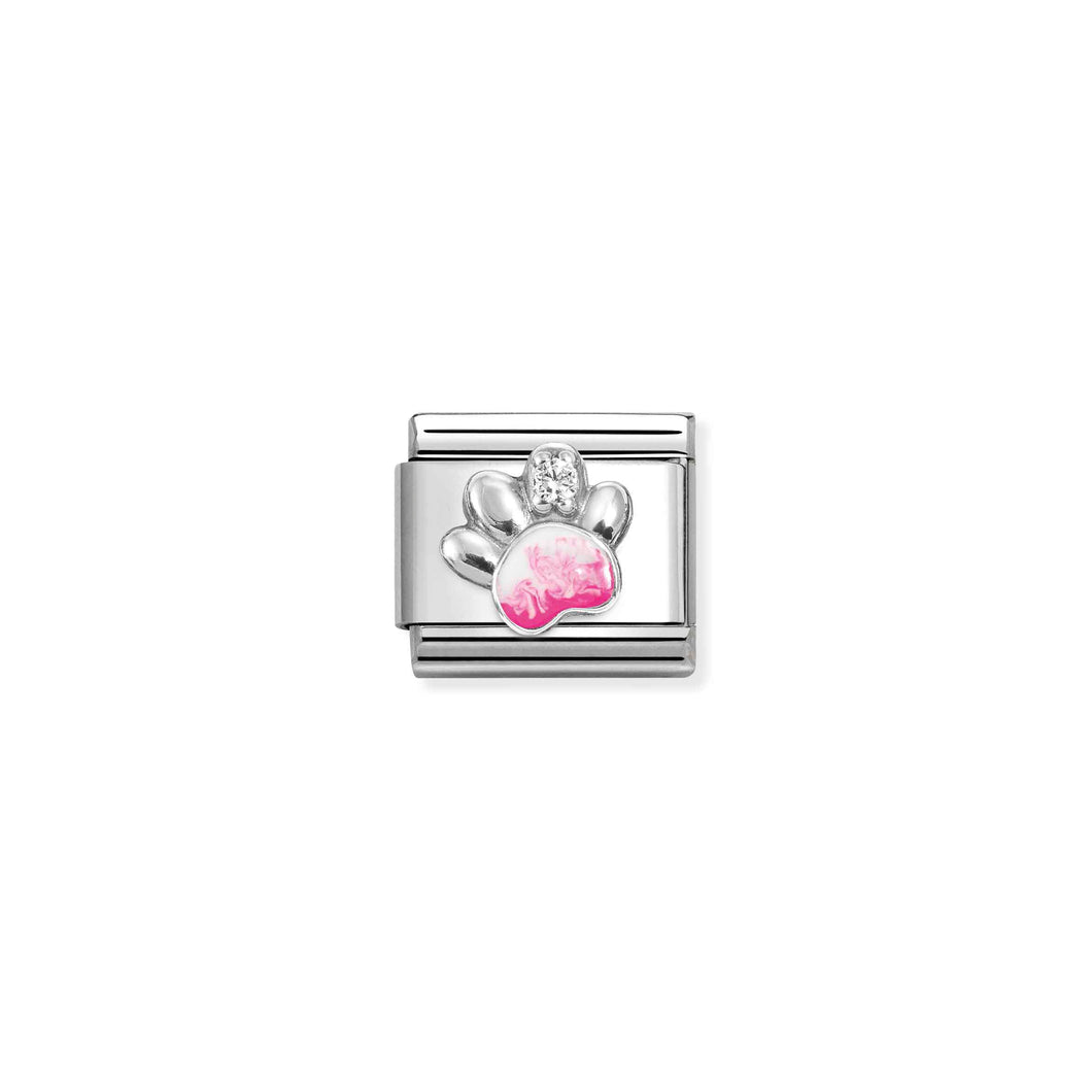 COMPOSABLE CLASSIC LINK 330321/13 PINK PAW PRINT ENAMEL IN 925 SILVER & CZ