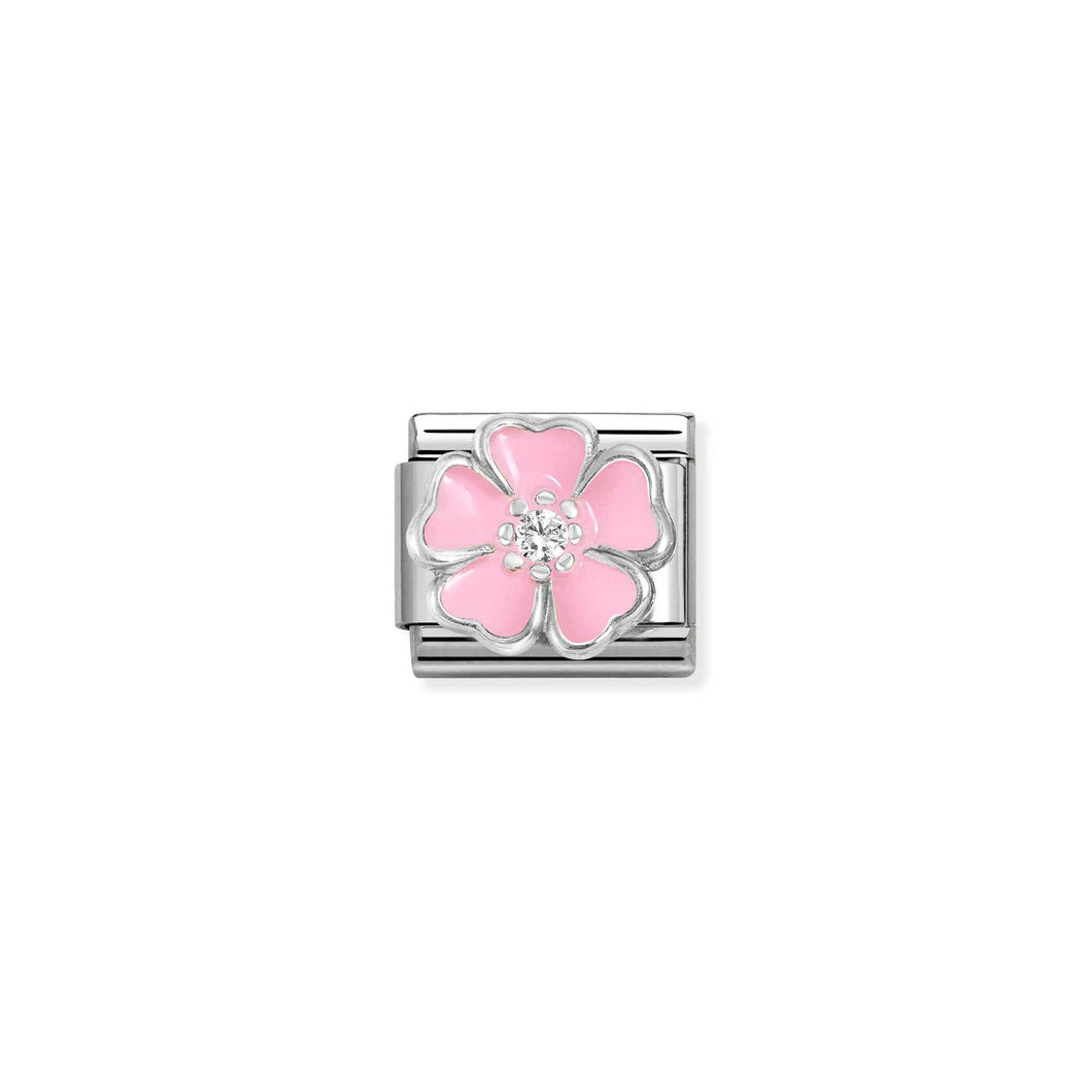 COMPOSABLE CLASSIC LINK 330321/14 PINK FLOWER ENAMEL IN 925 SILVER & CZ