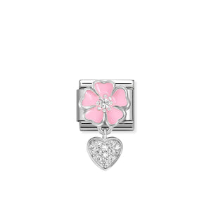 COMPOSABLE CLASSIC LINK 331814/01 PINK FLOWER AND HEART CZ CHARM IN 925 SILVER