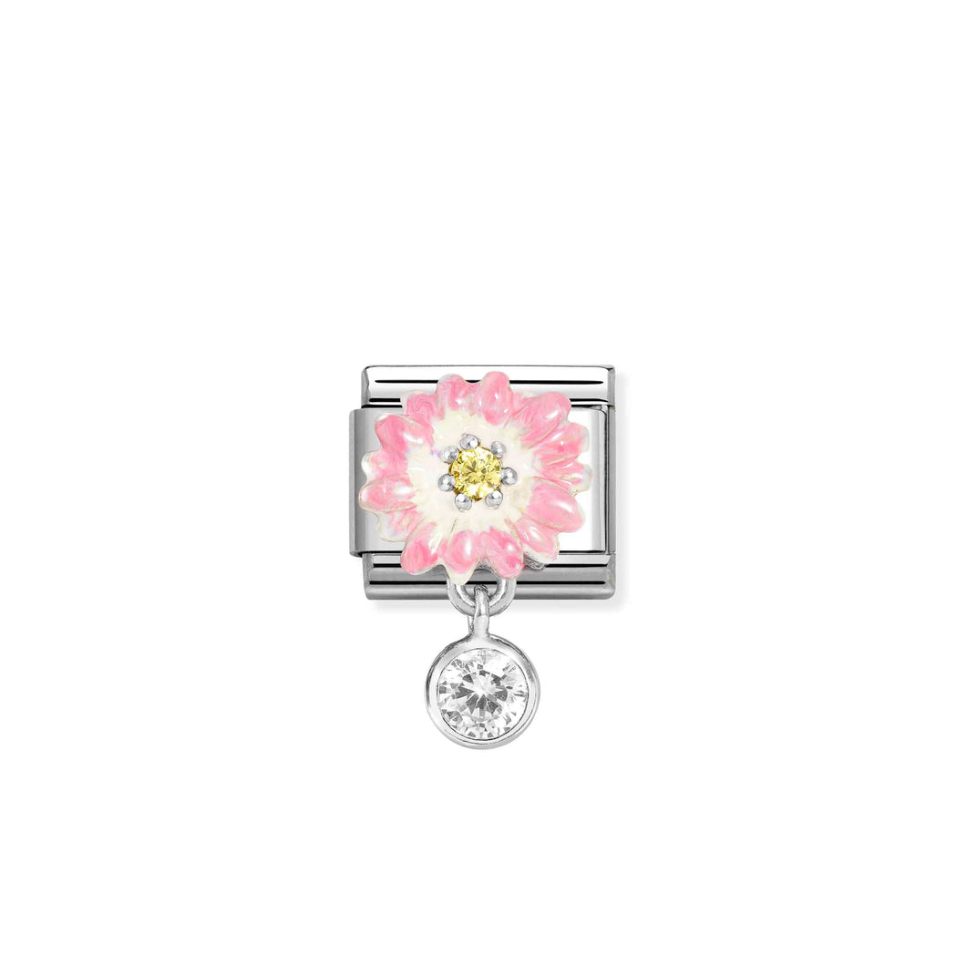 COMPOSABLE CLASSIC LINK 331814/09 PINK FLOWER AND ROUND CZ CHARM IN 925 SILVER