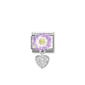 COMPOSABLE CLASSIC LINK 331814/10 PURPLE FLOWER AND HEART CZ CHARM IN 925 SILVER