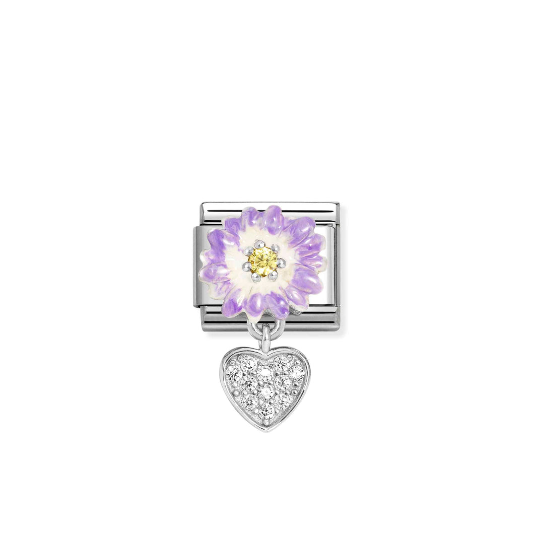 COMPOSABLE CLASSIC LINK 331814/10 PURPLE FLOWER AND HEART CZ CHARM IN 925 SILVER
