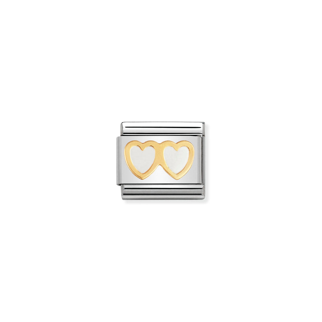 COMPOSABLE CLASSIC LINK 030207/08 WHITE DOUBLE HEART IN 18K GOLD & ENAMEL