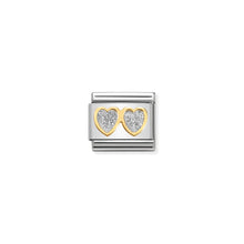 Load image into Gallery viewer, COMPOSABLE CLASSIC LINK 030220/01 DOUBLE SILVER HEARTS WITH GLITTER ENAMEL IN 18K GOLD
