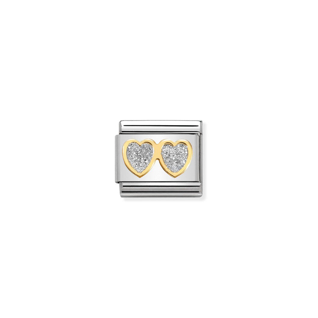 COMPOSABLE CLASSIC LINK 030220/01 DOUBLE SILVER HEARTS WITH GLITTER ENAMEL IN 18K GOLD
