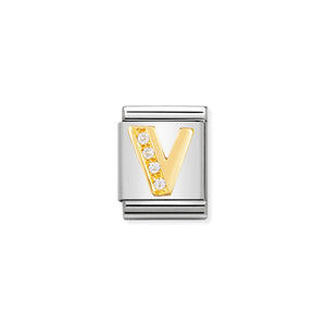 COMPOSABLE <STRONG>BIG LINK</STRONG> 032301/22 LETTER V IN 18K GOLD AND CZ