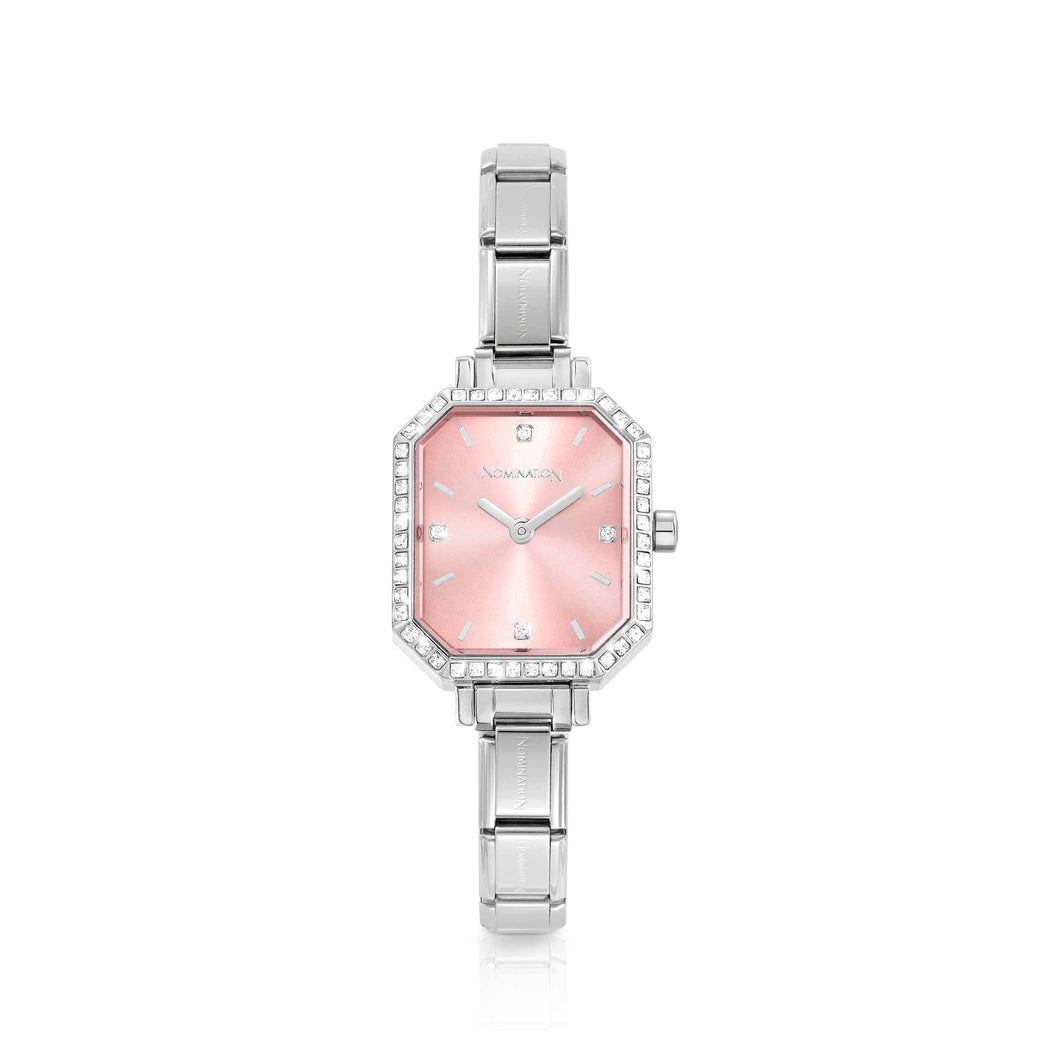 WATCH PARIS 076036/014 STAINLESS STEEL & RECTANGLE SUNRAY PINK DIAL WITH CZ
