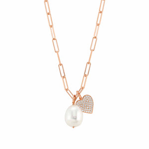 WHITE DREAM WHITE BAROQUE PEARL & ROSE GOLD CHAIN NECKLACE 148703/022 WITH CZ HEART