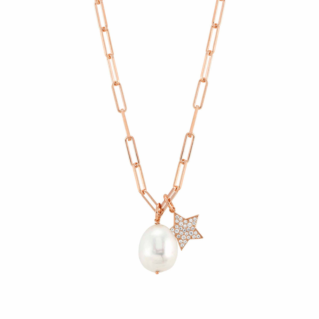 WHITE DREAM WHITE BAROQUE PEARL & ROSE GOLD CHAIN NECKLACE 148703/023 WITH CZ STAR