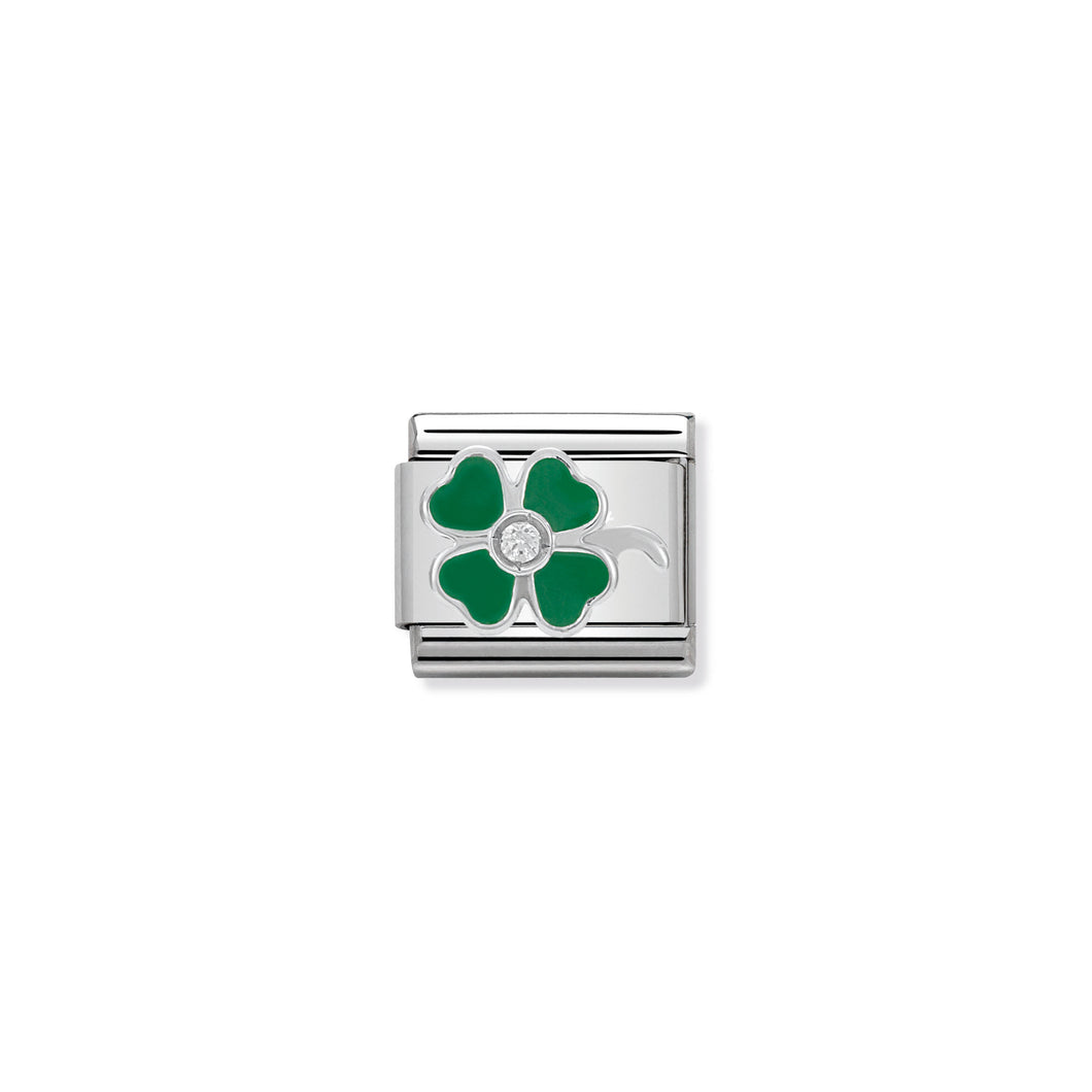 COMPOSABLE CLASSIC LINK 330305/13 GREEN CLOVER WITH CZ & ENAMEL IN 925 SILVER