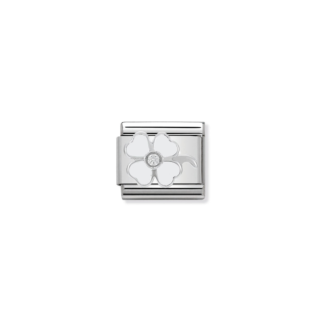 COMPOSABLE CLASSIC LINK 330305/14 WHITE CLOVER WITH CZ & ENAMEL IN 925 SILVER