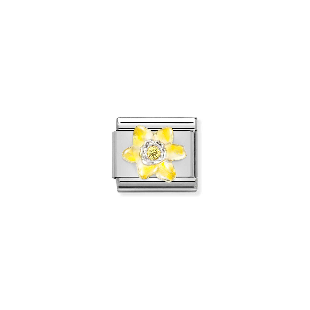 COMPOSABLE CLASSIC LINK 330321/08 ENAMEL NARCISSUS YELLOW FLOWER IN 925 SILVER