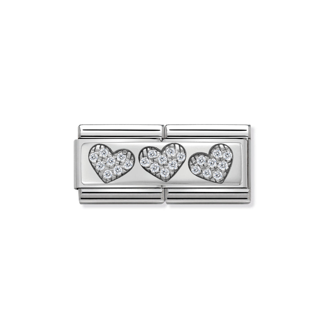 COMPOSABLE CLASSIC DOUBLE LINK 330732/02 THREE HEARTS WITH CZ IN 925 SILVER
